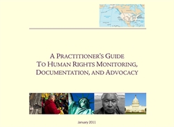 [ai] Cover page of a guide titled "A Practitioner's Guide to Human Rights Monitoring, Documentation, and Advocacy" with images depicting activism and landmarks, including the Statue of Liberty and the U.S. Capitol, along with a map.